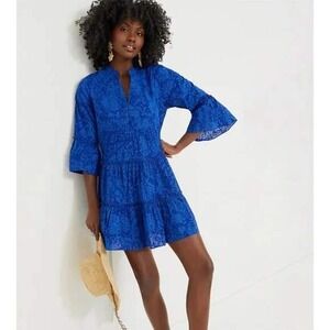 Tuckernuck‎ HYACINTH HOUSE Blue Tiered Quidnet Mini Dress Blue Floral Ruffle S